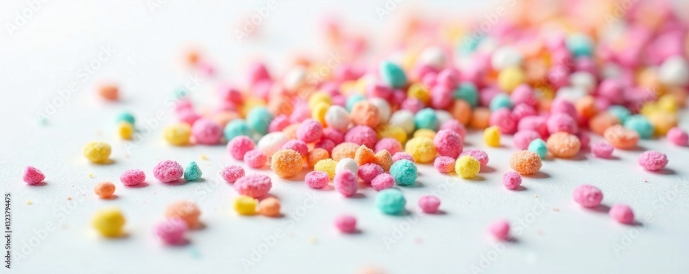 Colorful sugar sprinkles scattered on white surface, festive, decoration Colorful sugar sprinkles scattered on white surface, festive, decoration