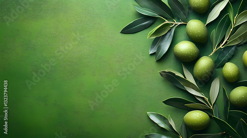 Green illustration with olive branches and leaves