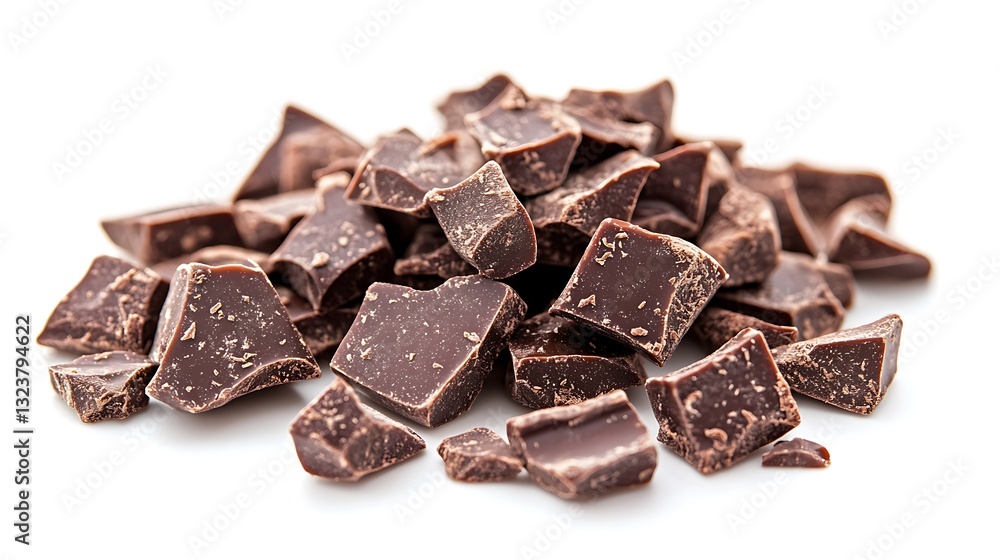 Dark chocolate chunks pile isolated on white. Dark chocolate chunks pile isolated on white.