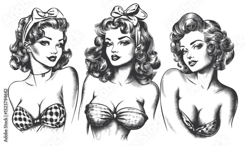 Vintage pin-up women with retro hairstyles and bows, flat style icons set, vector.