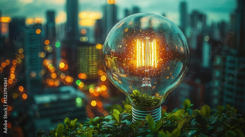 An illuminated light bulb shines amidst a vibrant cityscape at dusk, symbolizing innovation and creativity. An illuminated light bulb shines amidst a vibrant cityscape at dusk, symbolizing innovation and creativity.