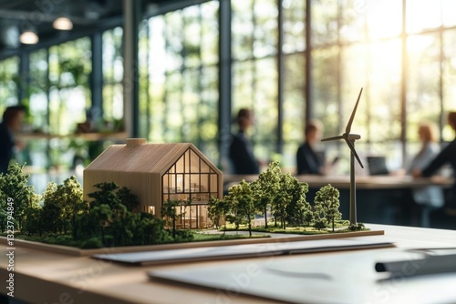 Eco-Friendly Project: A scale model of a sustainable house and wind turbine sits on a table in a modern office, symbolizing the commitment to environment, in front of blurred group of people. 