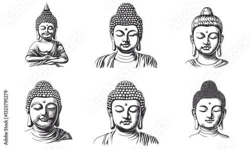 Buddha head illustrations set in various styles - linear flat icons set, vector.