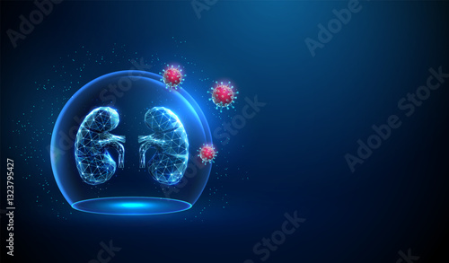 Abstract blue human kidneys inside a glass dome, red viruses outside Neon sphere shield Healthcare protection medical concept