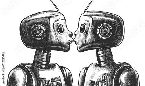 Robot couple kissing - retro futuristic romance - monochrome robots flat icons set, vector.