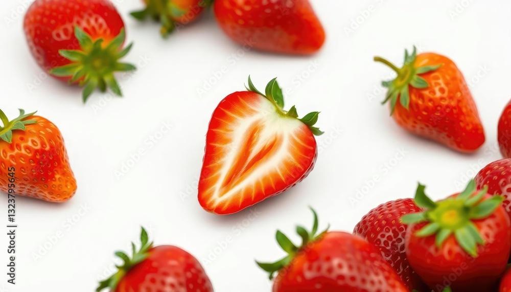 A single ripe strawberry, perfectly isolated on a pure white background, vitamin c, white background A single ripe strawberry, perfectly isolated on a pure white background, vitamin c, white background