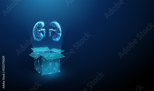 Abstract blue open box and human kidneys. Organ transplantation concept. Low poly futuristic digital technology neon style.