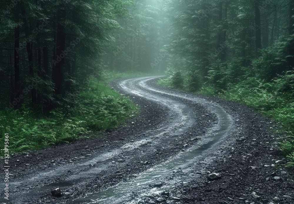 Fototapeta premium A serene forest path curves through misty trees, creating an enchanting atmosphere of tranquility and nature's beauty.