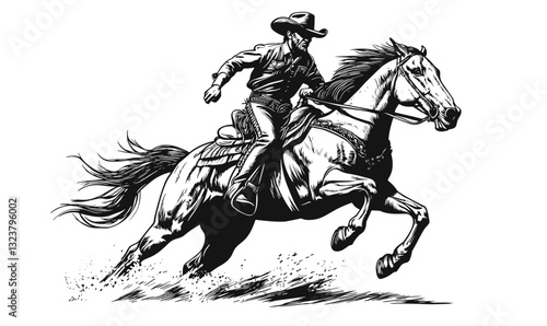 Cowboy riding galloping horse, western adventure illustration icons set, linear vector.