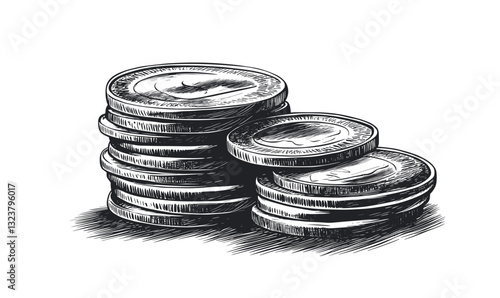 Stacked coins in detailed monochrome style, financial growth icons set, linear vector.