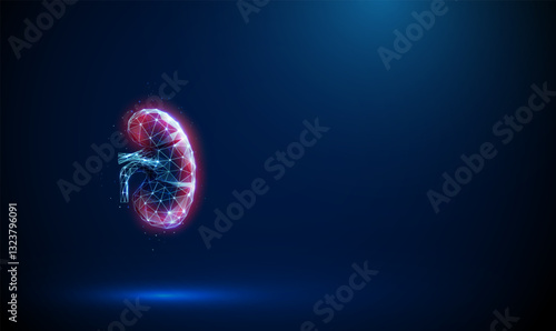 Blue human kidney with a fully red surface. Kidney disease, medical diagnosis, technology, artificial intelligence, treatment concept