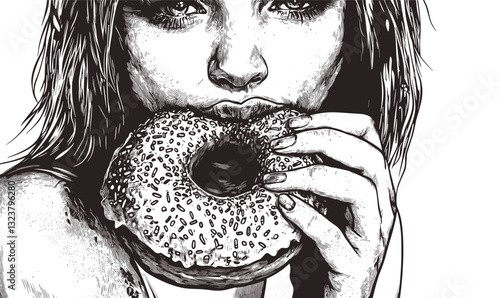 Woman eating doughnut with poppy seeds, black and white, vintage style, linear icons set, vector.
