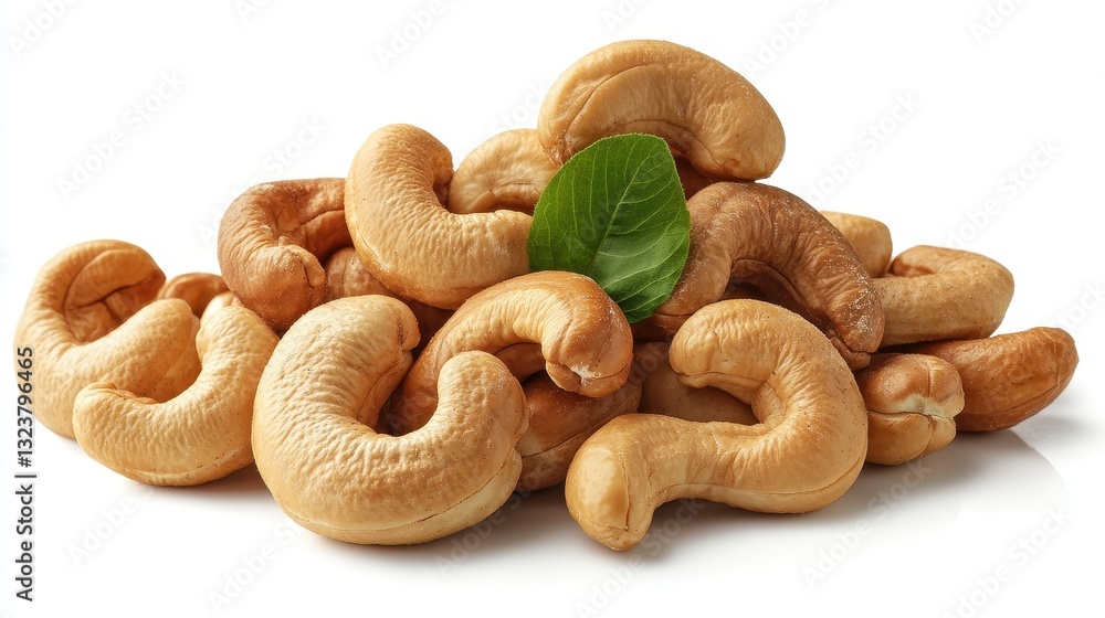 A vibrant cascade of cashew nuts, their smooth, oval shapes and rich brown hues punctuated by flecks of white and green, rested majestically on a stark white backdrop, showcasing nature s artistry in A vibrant cascade of cashew nuts, their smooth, oval shapes and rich brown hues punctuated by flecks of white and green, rested majestically on a stark white backdrop, showcasing nature s artistry in
