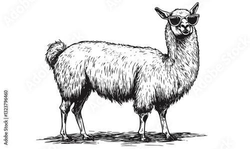 Cool llama wearing sunglasses standing in stylish vector, black and white, linear illustration icons set.