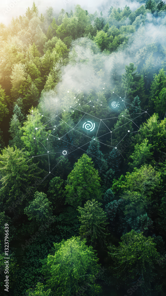 Fototapeta premium Harmony of Nature and Innovation: A breathtaking aerial view of a vibrant forest, where technology merges seamlessly with the lush green canopy, highlighting the synergy of nature and innovation.