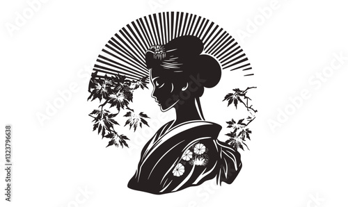 Geisha silhouette with parasol and maple leaves, japanese culture icons set, flat style, vector.