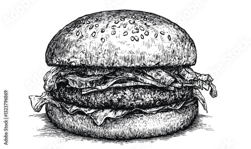 Detailed black and white burger drawing, flat style icons set, vector.