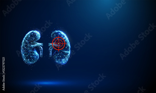 Blue human kidneys with a target sign. Kidney disease, inflammation, fibrosis, medical treatment, and diagnostic concept.