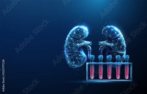 Abstract human kidneys with blood sample rack. Blood analysis and kidneys health, medical diagnostics concept. Low poly style