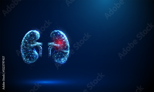 Abstract blue kidneys with red spot. Kidneys deseases, medical treatment and pharmacy concept Low poly style