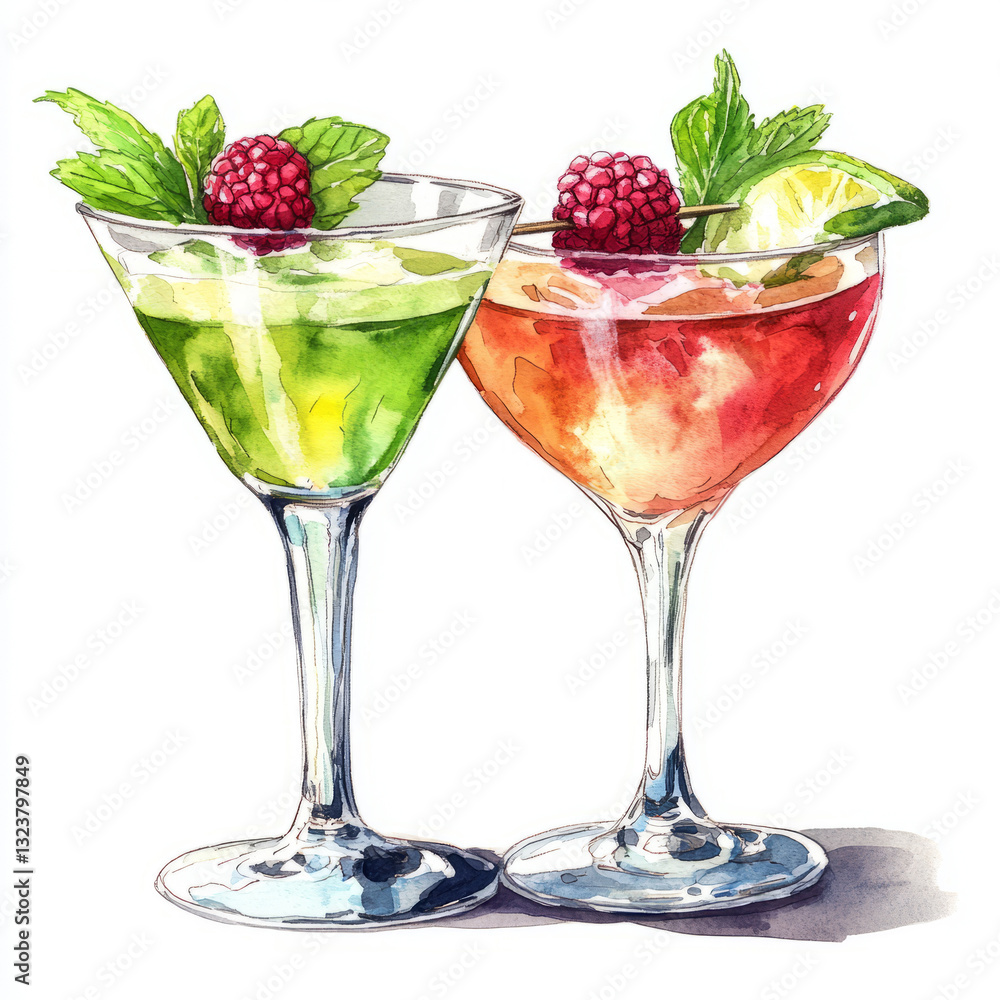 Refreshing cocktails with raspberries and mint in watercolor style Refreshing cocktails with raspberries and mint in watercolor style