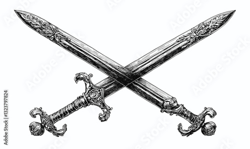 Crossed medieval swords with ornate design, linear icons set, vector.