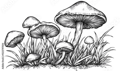 Detailed mushroom cluster in grass - linear style icons set, vector.