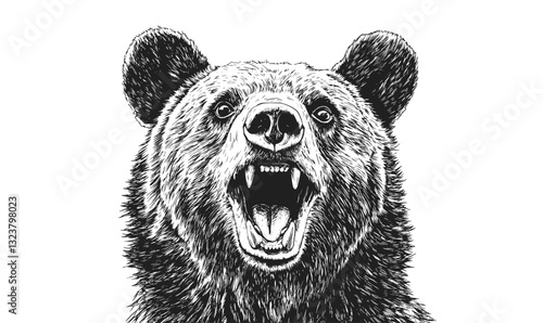 Fierce bear head, roaring grizzly, wilderness animal face, vector, linear icons set.