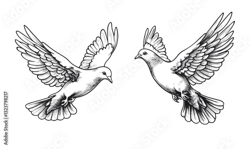 Elegant doves in flight with detailed feathers in black and white, linear icons set, vector.