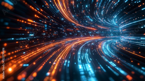 Futuristic Data Stream: High-Speed Digital Tunnel with Orange and Blue Light Trails for Network Technology and Innovation Concepts.