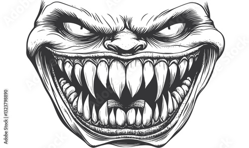 Creepy grinning monster face with sharp teeth, horror mask in linear style, icons set, vector.