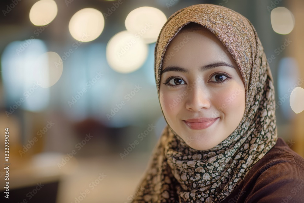 Radiant Confidence: A beautiful, smiling woman, her gentle eyes conveying warmth and grace, adorns a hijab in a softly lit setting, capturing a portrait of serene elegance. Radiant Confidence: A beautiful, smiling woman, her gentle eyes conveying warmth and grace, adorns a hijab in a softly lit setting, capturing a portrait of serene elegance.