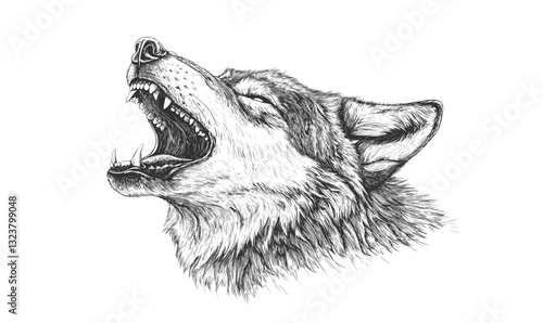 Howling wolf face in profile, linear style vector icons set.