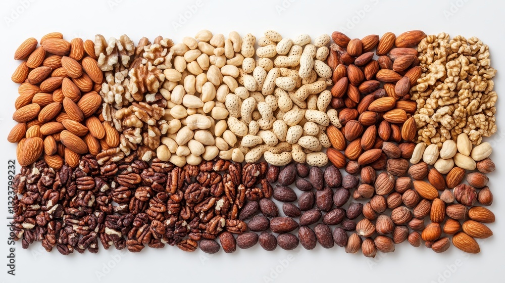 Naklejka premium A vibrant array of dried nuts, their textures and natural hues showcased against a pristine white backdrop, a testament to the beauty and versatility of nature s bounty.