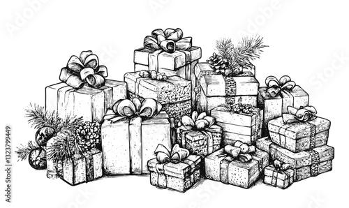 Christmas gifts with pinecones and bows in black and white - vector, linear icons set.