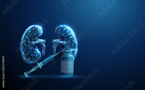 Bottle and syringe in front of blue futuristic human kidneys. Diseases, medical treatment, vaccination and pharmacy concept