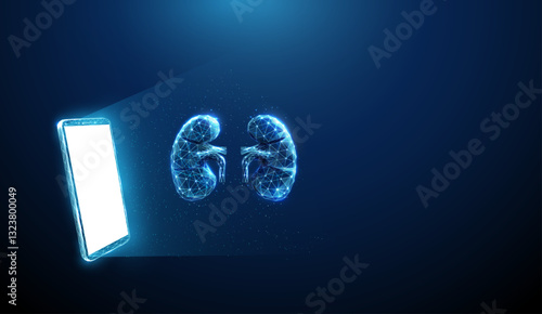 AAbstract blue mobile phone, white screen and bronchial tree Telemedicine, healthcare medical concept Low poly futuristic technology digital style