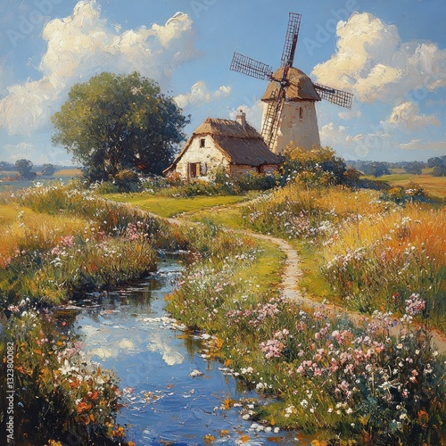 Windmill in Countryside Landscape with Cottages and Stream in Summer photo