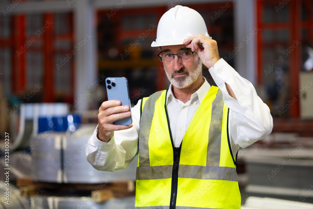 Senior manager Quality inspector using smartphone metal sheet profiling factory. Industrial production. Teamwork Senior manager Quality inspector using smartphone metal sheet profiling factory. Industrial production. Teamwork