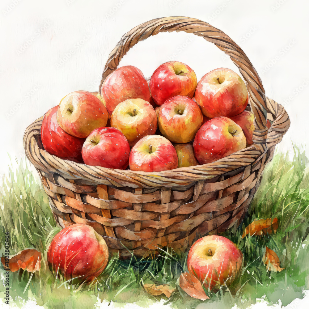 A watercolor painting of a wicker basket filled with red and golden apples, resting on green grass. A watercolor painting of a wicker basket filled with red and golden apples, resting on green grass.