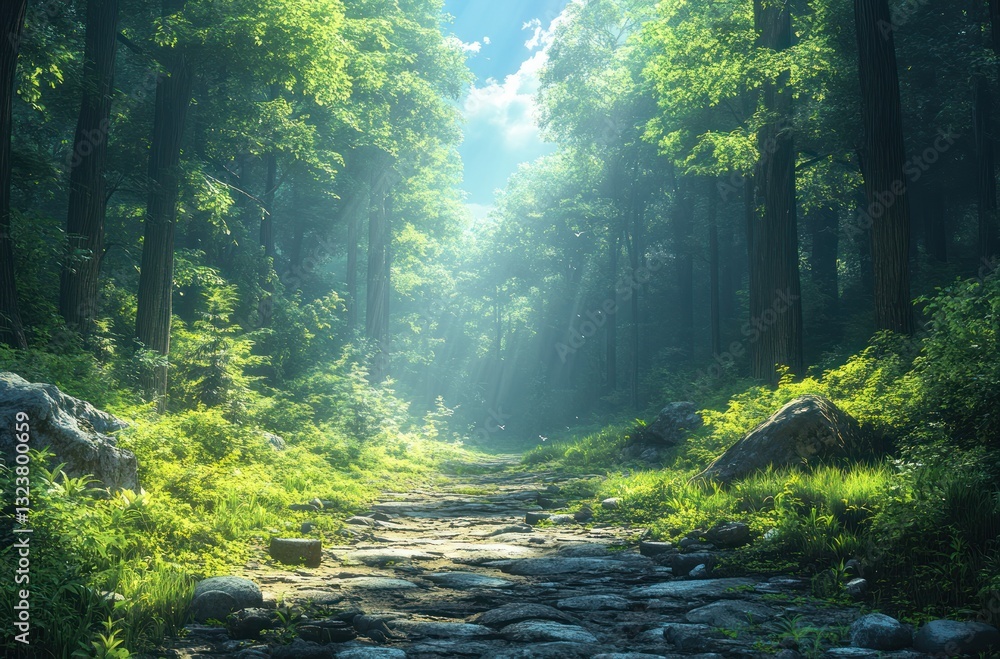 Morning Forest Path in Spring Greenery Tranquil Landscape Morning Forest Path in Spring Greenery Tranquil Landscape
