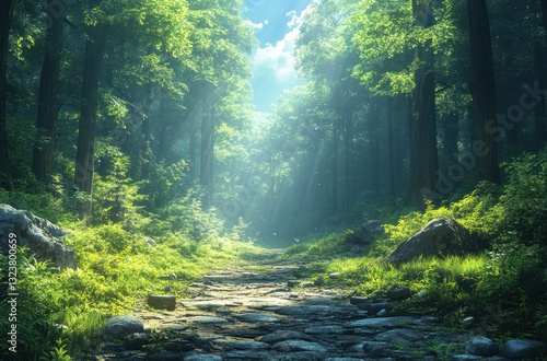 Morning Forest Path in Spring Greenery Tranquil Landscape