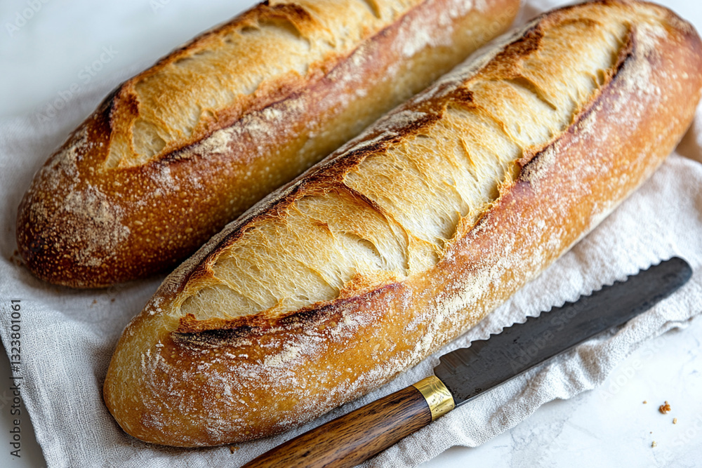 Classic French baguette with crispy crust on linen towel with bread knife Classic French baguette with crispy crust on linen towel with bread knife