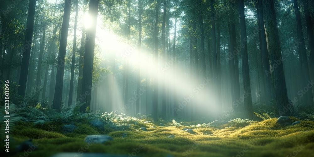 serene spring forest scene with sunlight streaming through trees and lush foliage serene spring forest scene with sunlight streaming through trees and lush foliage