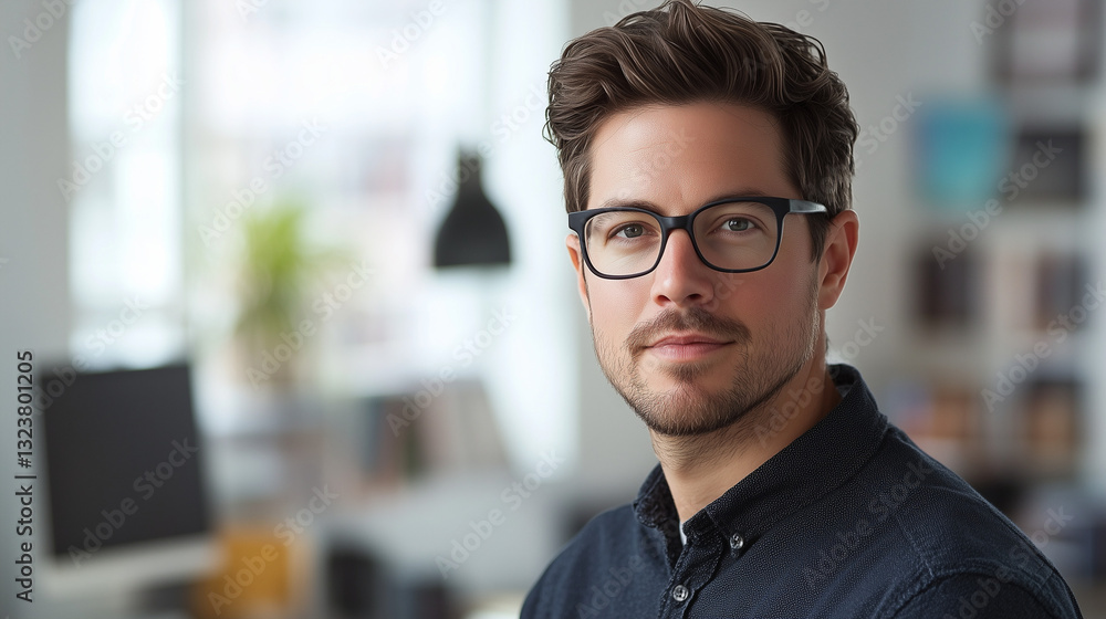 Obraz premium Young professional exuding confidence in a modern workspace, embodying creativity and focus.