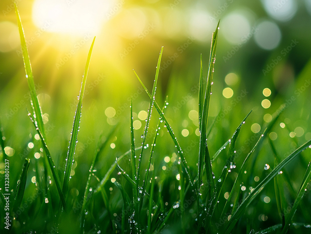 Obraz premium Morning sunlight glistens on dew-covered grass blades