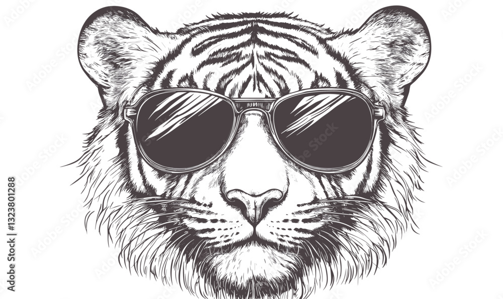 Obraz premium Cool tiger wearing sunglasses in linear design, animal face flat icons set, vector.