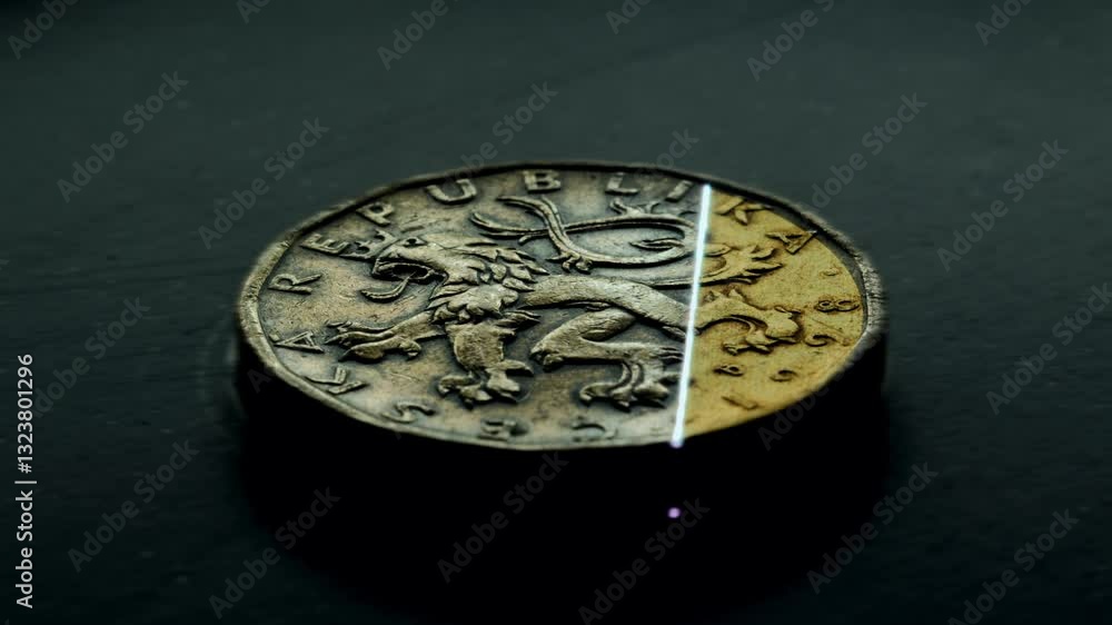 Laser cleaning a coin’s surface in a detailed 4K macro shot. The laser removes the top layer of the coin, revealing intricate details. Filmed at 60fps with smooth camera movement for precision. Laser cleaning a coin’s surface in a detailed 4K macro shot. The laser removes the top layer of the coin, revealing intricate details. Filmed at 60fps with smooth camera movement for precision.