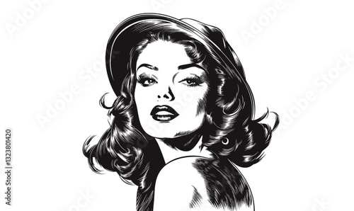 Elegant retro woman in hat portrait, black and white, linear style, icons set, vector.