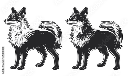 Stylized canine illustrations with detailed fur in linear icons set - vector.